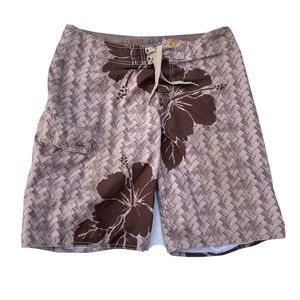 Quicksilver Swim Trunks Mens 34 Tan Floral Hawaiian Stretch Bathing Suit Pool